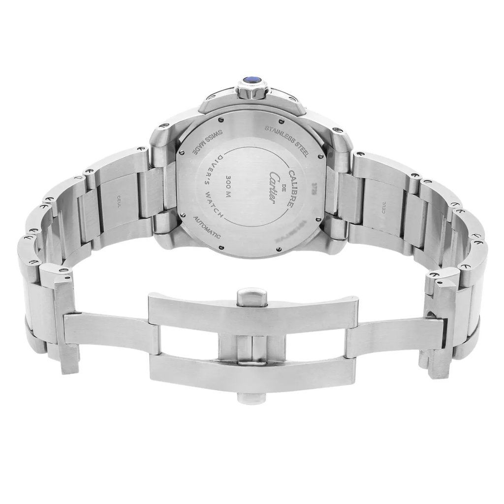 Back View Of {Caseback} Back Case And Open Stainless Steel Band Of Cartier W7100057 Watch Pre Owned Condition