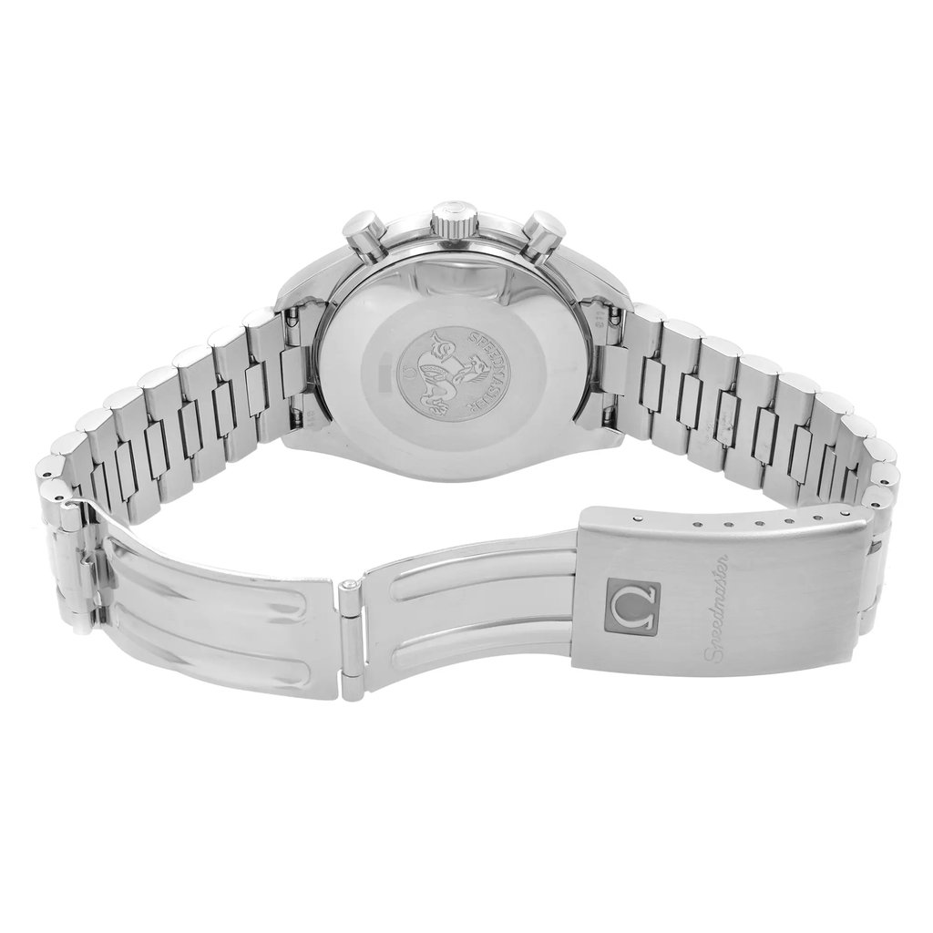 Back View Of Solid Back Case And Open Stainless Steel Band Of OMEGA 3510.50.00 Watch Pre Owned Condition
