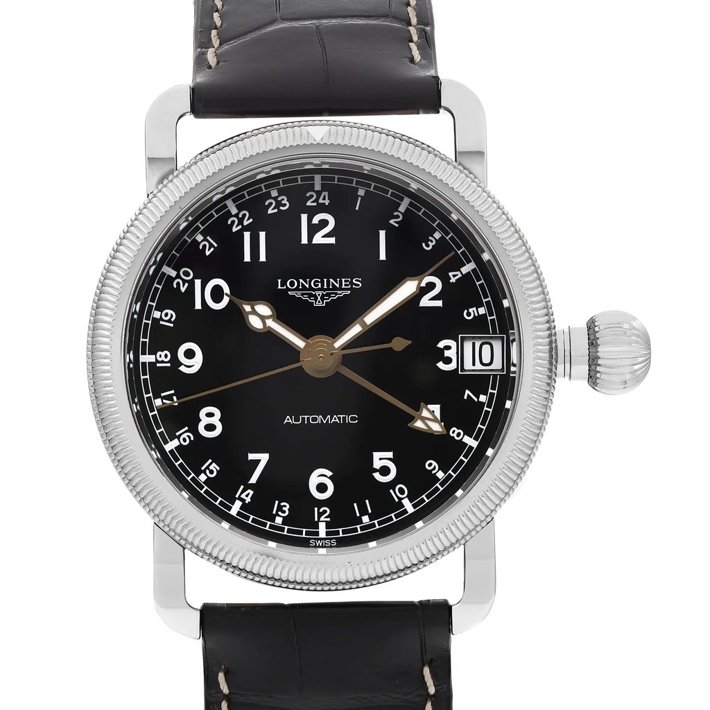 An image of a wristwatch taken from a front close-up angle, showcasing the watch face in detail. The watch has a black dial with white numerals and silver hands, and features a date window at the 3 o'clock position. The case is silver-toned with a textured edge, and the watch is attached to a black leather strap with visible stitching. The display model is in pristine condition, highlighting its elegant design.