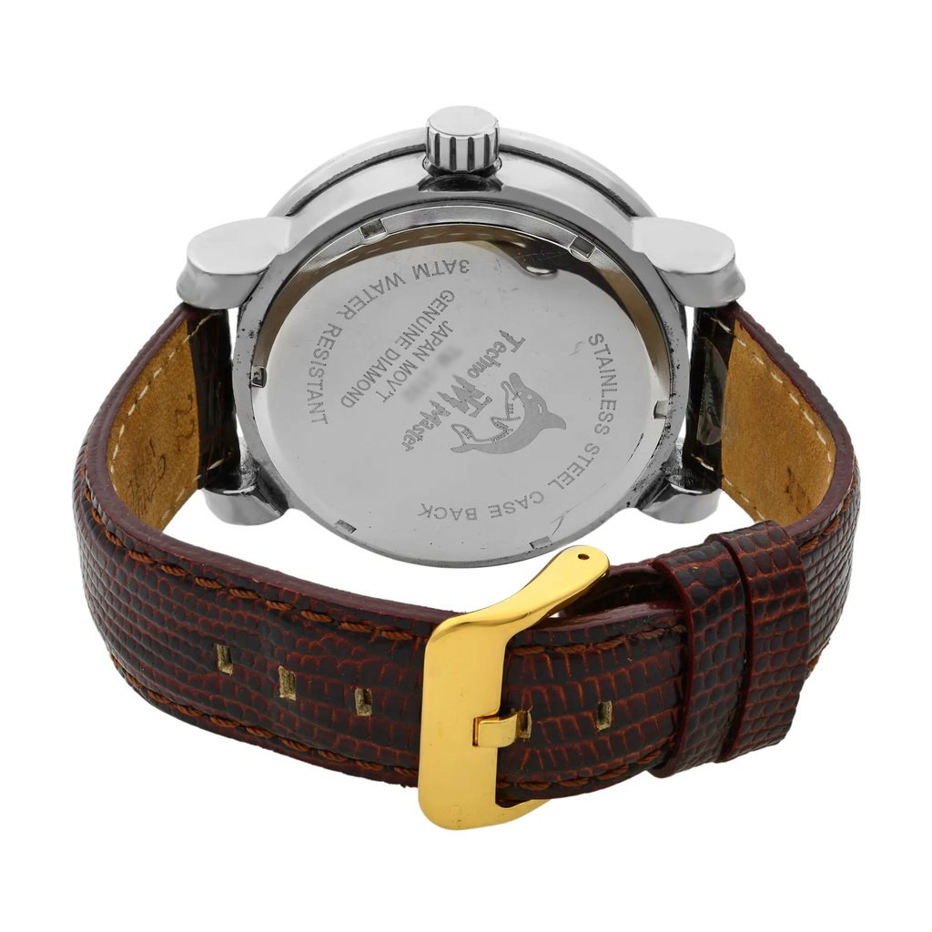 Back View Of Screwback Back Case And Closed Leather Band Of Techno Master TM-2132 Watch Display Model Condition