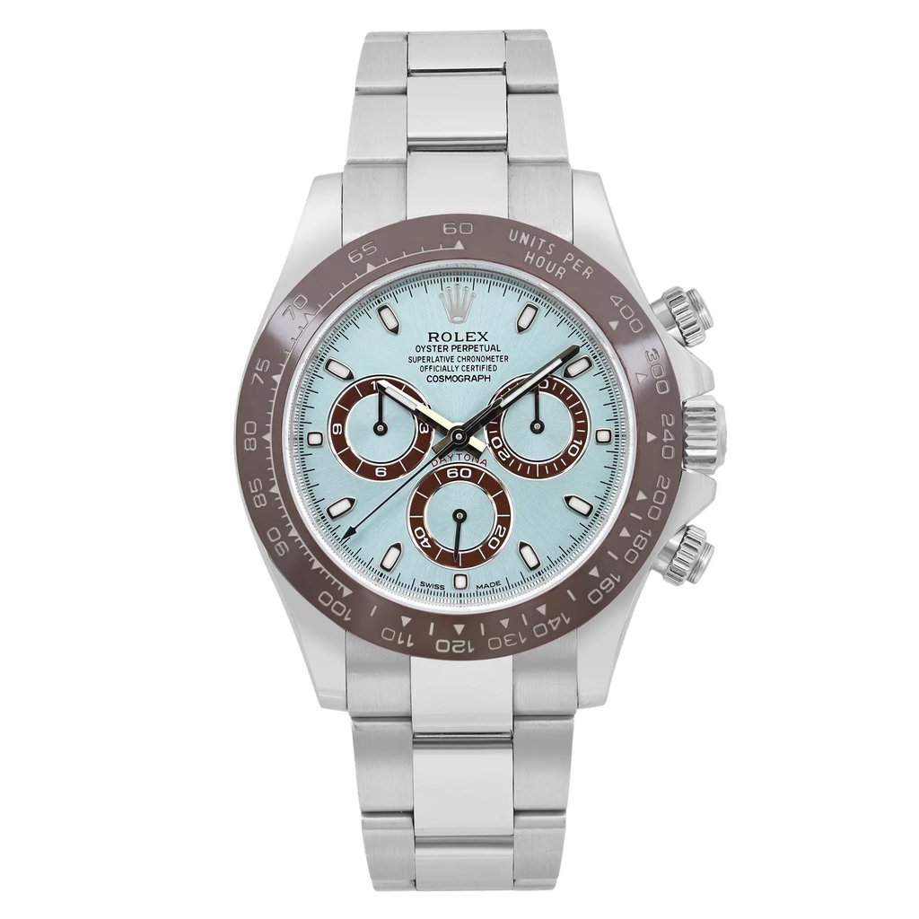 Front Full View Of Rolex 116506-0001 Platinum Watch Pre Owned Condition Good