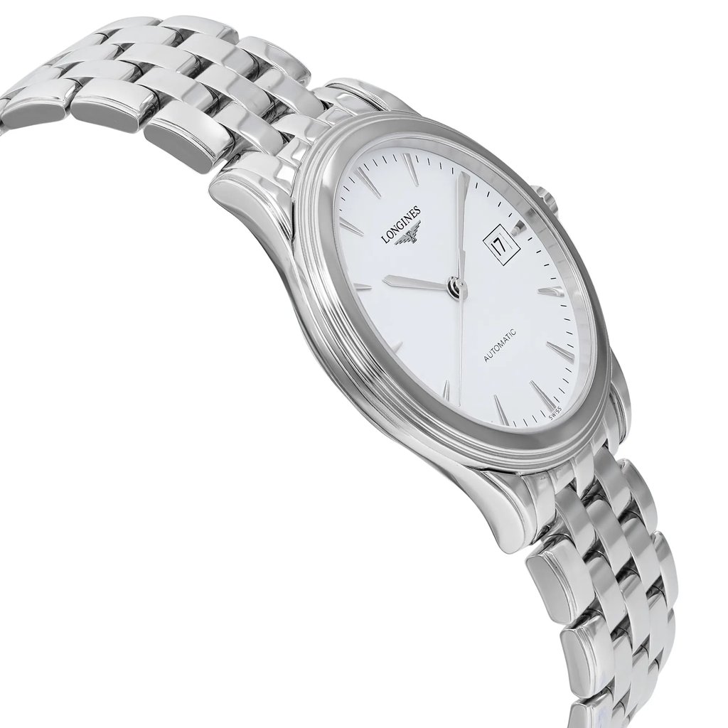 An image of a wristwatch shown from a side profile view, opposite the crown. The watch features a silver metal bracelet and a round case with a white dial. The angle highlights the sleek design and metallic finish, and the watch is positioned at a slight angle, giving a clear view of its display model condition from a moderate distance.