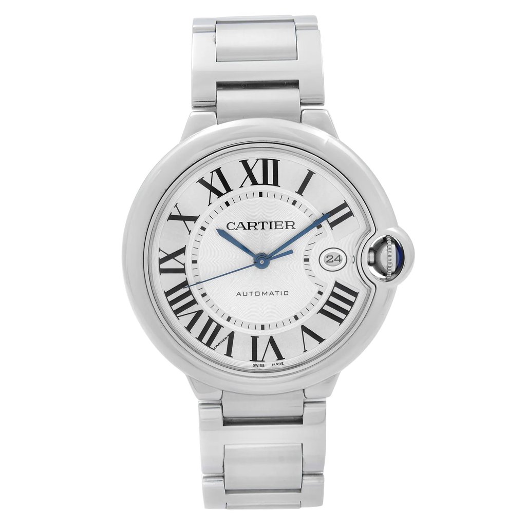 An image of a pre-owned wristwatch viewed from the front, in a full frontal position. The watch features a silver metal bracelet and a round face with Roman numerals. The brand logo is visible on the dial, and there is a small date window at the three o'clock position. The image captures the watch at a close distance, highlighting its classic design elements.