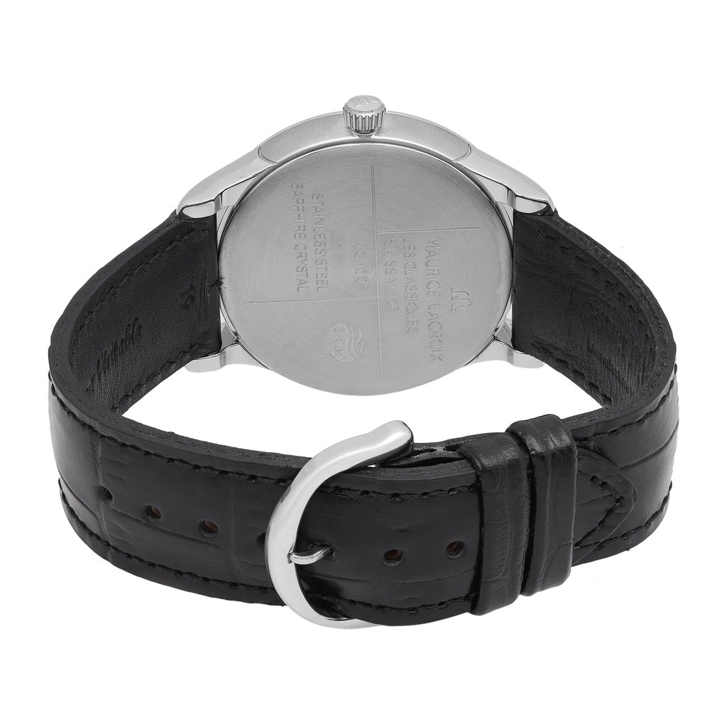 An image of a Wristwatch by Maurice Lacroix. This Unworn item is designed for Men, featuring a Casual style. It has a Quartz movement and an Analog display with a Silver dial color. The indices include 12-Hour Dial,Stick Indexes. The band is made of Leather and the case is made of Stainless Steel. The watch has a Round shape with a case size of 38 mm and a case thickness of 8 mm.
