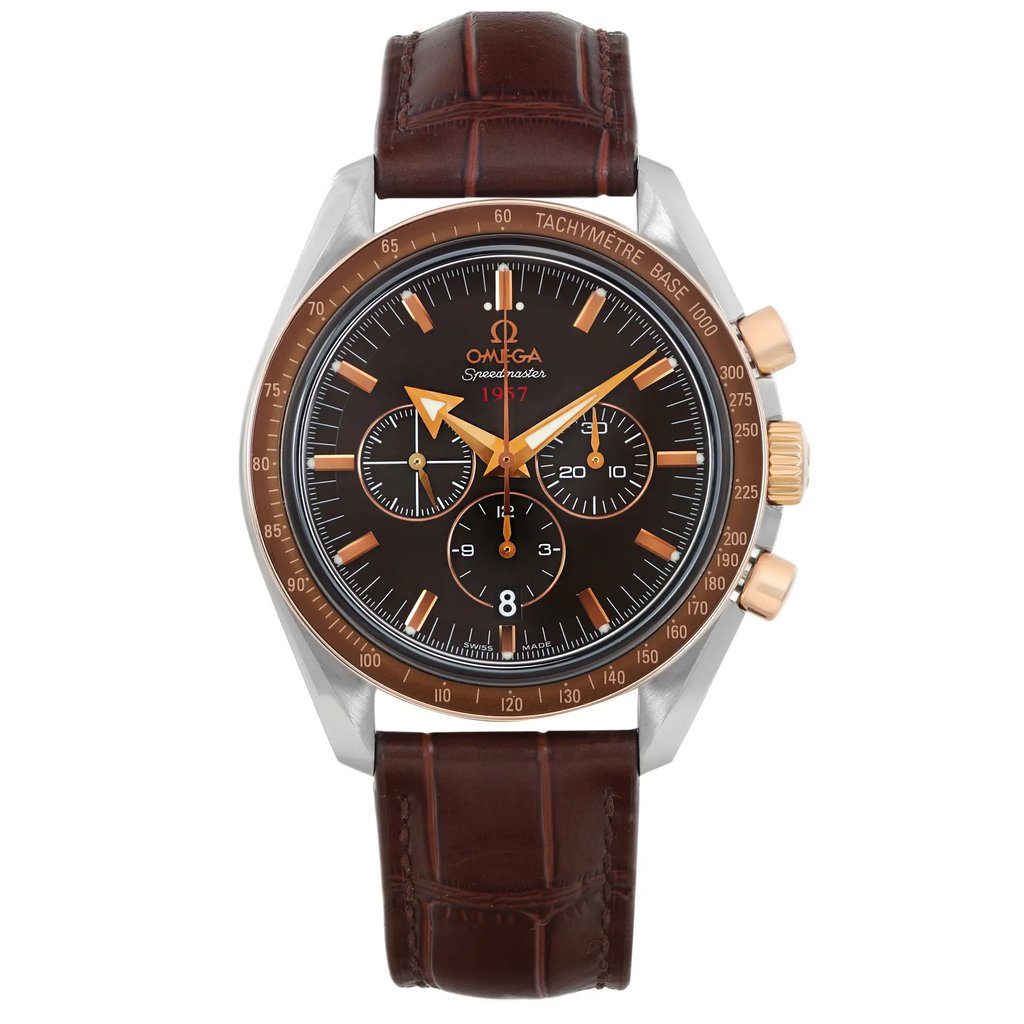An image of a pre-owned wristwatch displayed from a full frontal view. The watch features a dark face with three subdials and gold-toned hands and markers, encased in a silver frame with gold accents. It has a brown leather strap. The image is taken from a straight-on angle at a close distance, highlighting the watch's details.