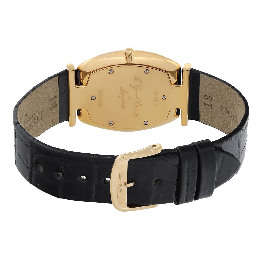 Back View Of Screwback Back Case And Closed Leather Band Of Longines L4.705.2.11.2 Watch Display Model Condition