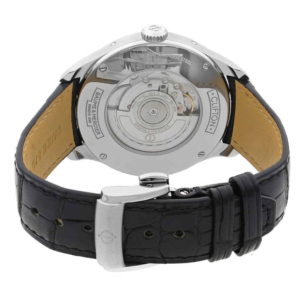 Back View Of Exhibition Back Case And Closed Leather Band Of Baume & Mercier MOA10057 Watch Display Model Condition