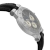 An image of a pre-owned wristwatch shown from a side profile view, opposite the crown. The watch features a black leather strap and a silver-toned case. The bezel is engraved with the brand name, and the dial is visible with three subdials and silver hands. The watch is positioned at a slight angle, capturing the thickness of the case, and is photographed at a close distance to highlight its details.