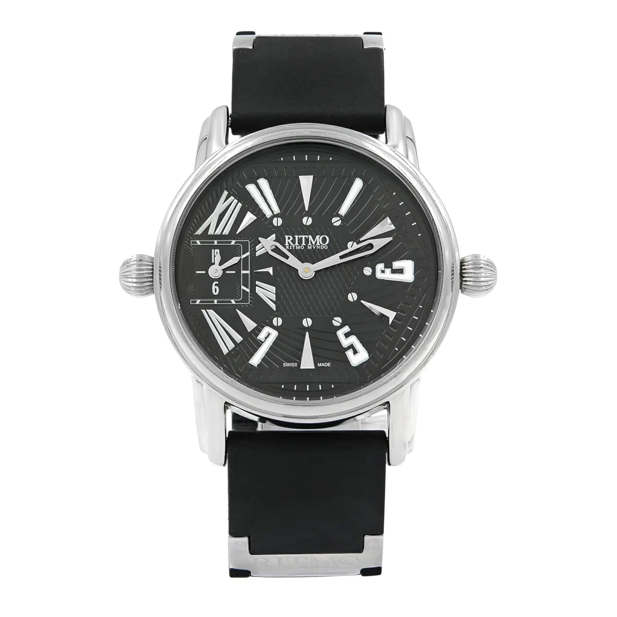 An image of a Wristwatch by Ritmo Mundo. This Pre Owned item is designed for Men, featuring a Casual style. It has a Quartz movement and an Analog display with a Black dial color. The indices include 12-Hour Dial,Arabic Numerals,Multi Dial,Stick Indexes. The band is made of Rubber and the case is made of Stainless Steel. The watch has a Round shape with a case size of 42 mm and a case thickness of 9 mm.