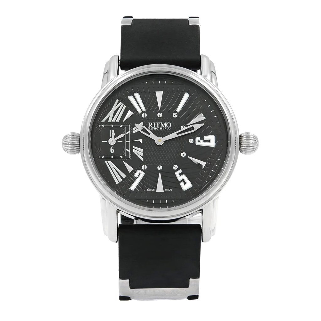 An image of a Wristwatch by Ritmo Mundo. This Pre Owned item is designed for Men, featuring a Casual style. It has a Quartz movement and an Analog display with a Black dial color. The indices include 12-Hour Dial,Arabic Numerals,Multi Dial,Stick Indexes. The band is made of Rubber and the case is made of Stainless Steel. The watch has a Round shape with a case size of 42 mm and a case thickness of 9 mm.
