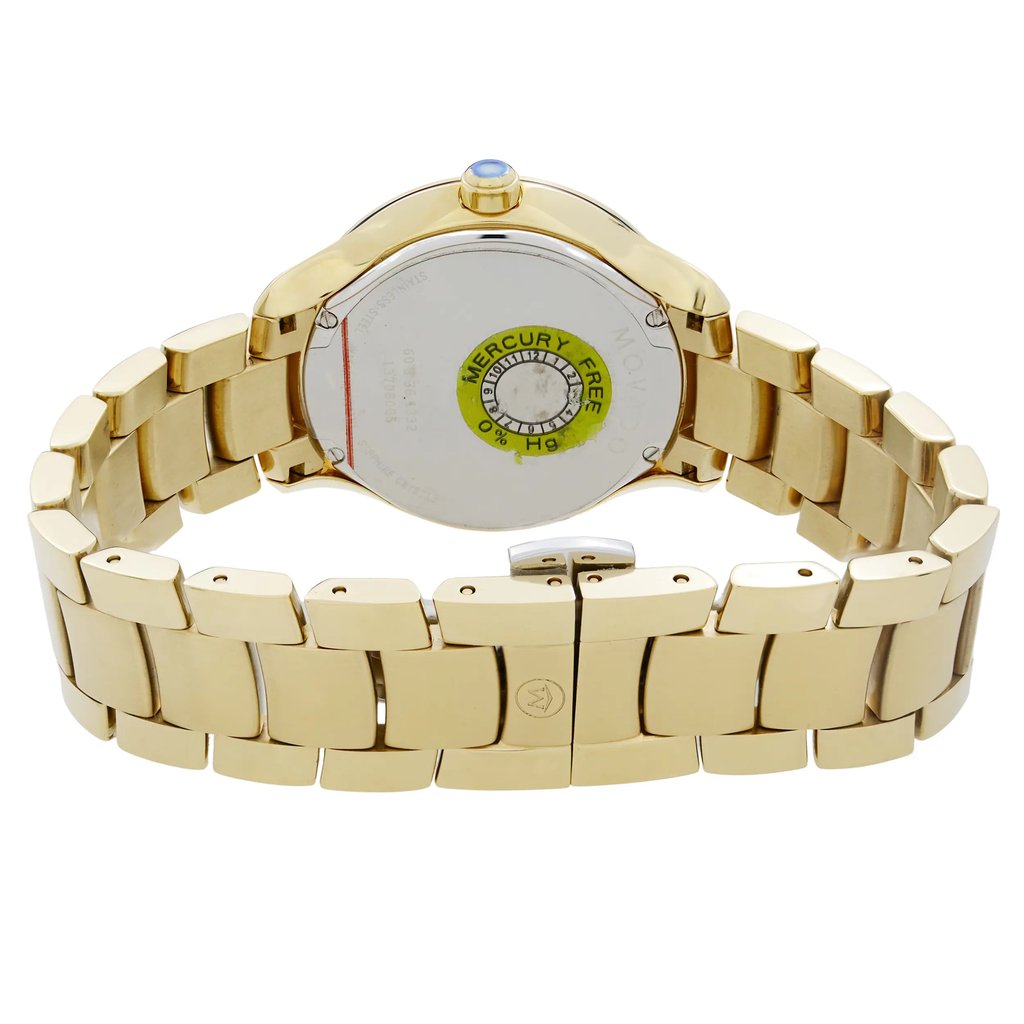 An image of a pre-owned wristwatch featuring a back view of the watch with a focus on the clasp. The watch has a gold-toned metal bracelet and a closed clasp. The photograph is taken from a close distance, highlighting the details of the bracelet links and the inscriptions on the back of the watch case.