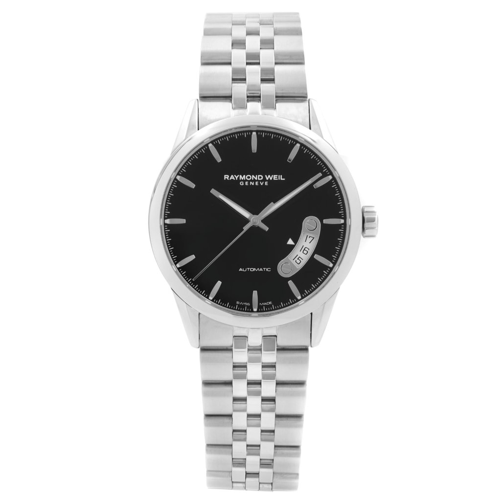 An image of a Wristwatch by RAYMOND WEIL. This Display Model item is designed for Men, featuring a Dress/Formal style. It has a Mechanical (Automatic) movement and an Analog display with a Black dial color. The indices include 12-Hour Dial,Non-Numeric Hour Marks. The band is made of Stainless Steel and the case is made of Stainless Steel. The watch has a Round shape with a case size of 38 mm and a case thickness of 10 mm.