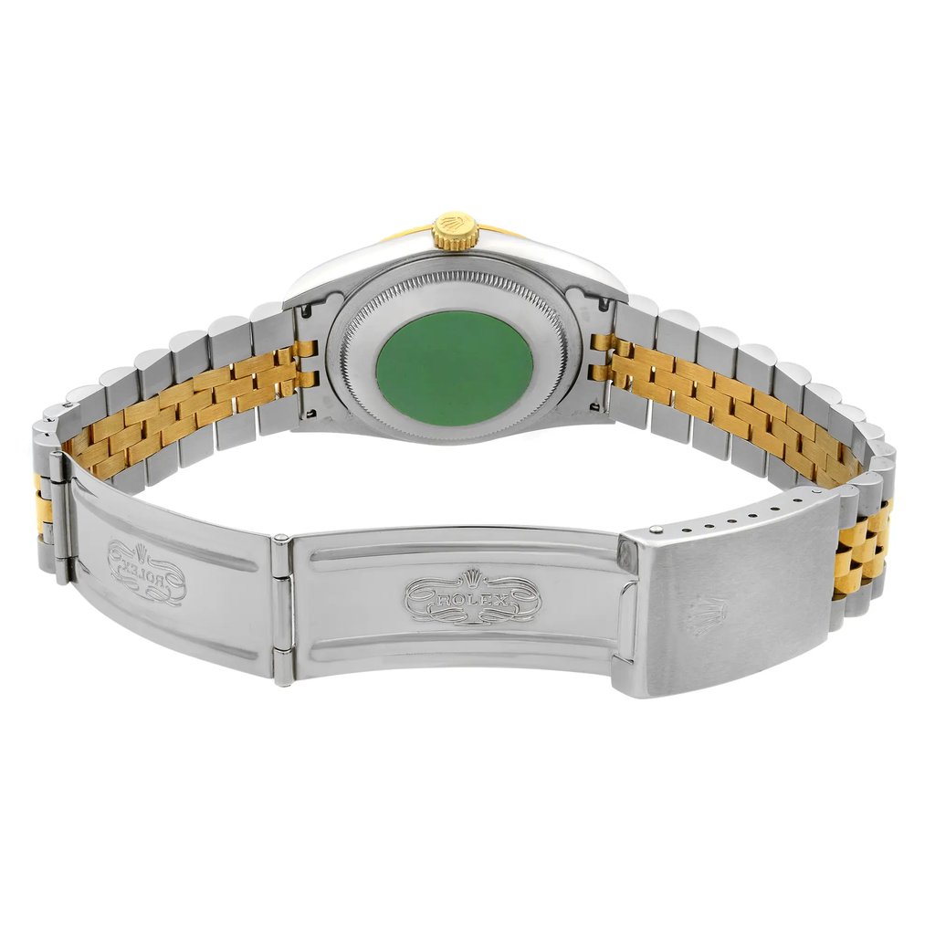 Back View Of {Caseback} Back Case And Open Stainless and Solid Gold Band Of Rolex 16233 Watch Pre Owned Condition