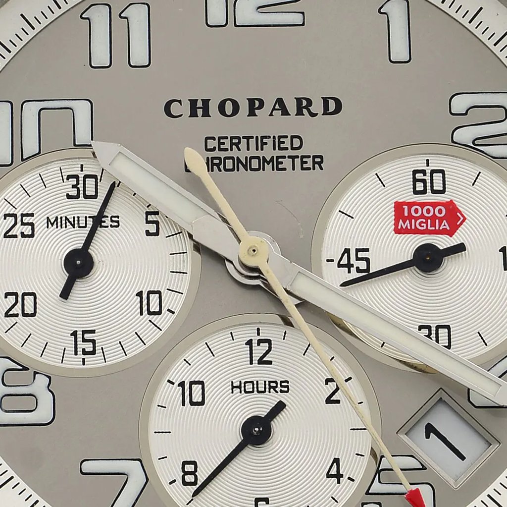Up Close Front Facing Picture Of Chopard 16/8915-100 Titanium Watch Pre Owned Condition