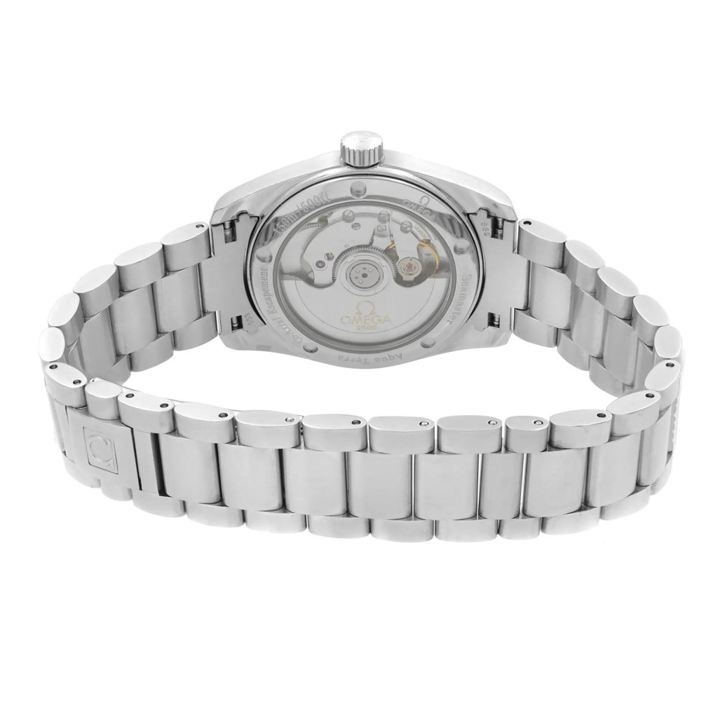 Back View Of Exhibition Back Case And Closed Stainless Steel Band Of OMEGA 2504.50.00 Watch Pre Owned Condition