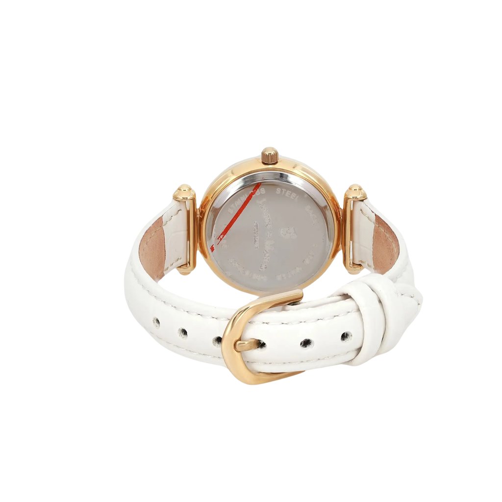 An image of a Wristwatch by Jacques du Manoir. This New With Defects item is designed for Women, featuring a Casual,Dress/Formal style. It has a Quartz movement and an Analog display with a White dial color. The indices include 12-Hour Dial,Non-Numeric Hour Marks. The band is made of Leather and the case is made of Stainless Steel. The watch has a Round shape with a case size of 26 mm and a case thickness of 8 mm.