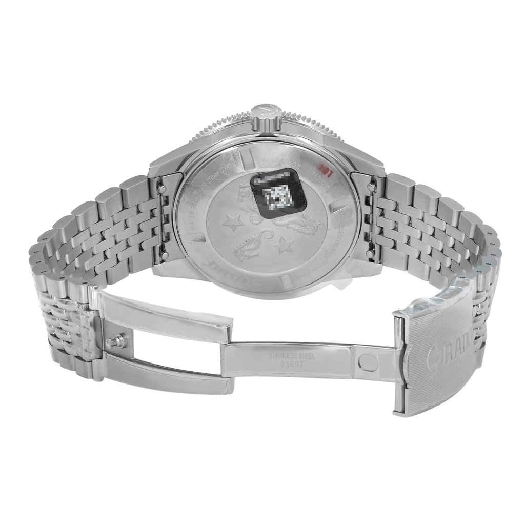 An image of a men's Rado wristwatch viewed from the back, showing the open clasp. The watch features a round stainless steel case with a screwback caseback, visible from a close angle. The stainless steel band is displayed with a fold-over clasp and double push button, highlighting its unworn condition.