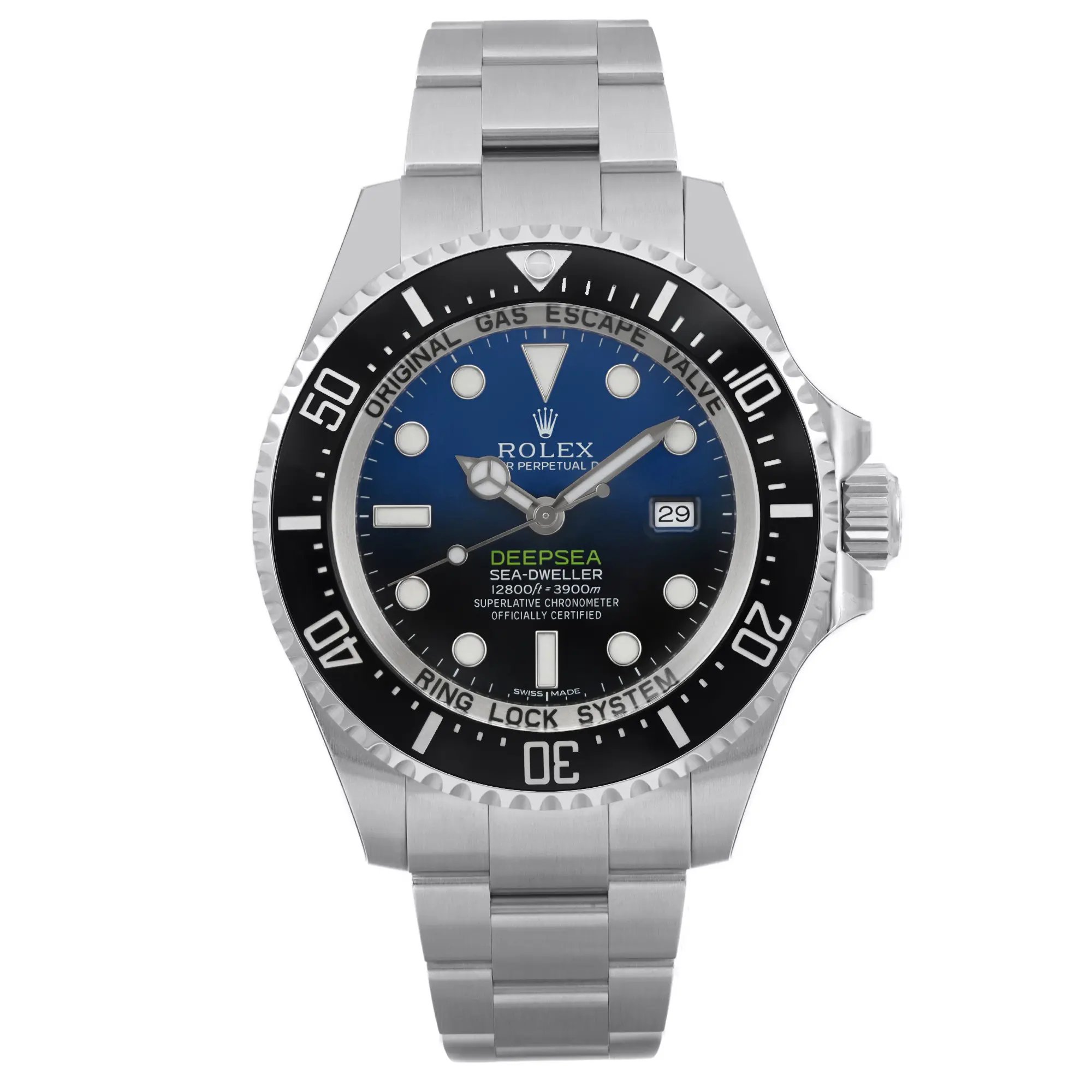 An image of a wristwatch shown from a front full frontal view. The watch is unworn and features a metallic band and case. The dial displays a gradient blue to black design with luminous markers and hands, and a date window at the 3 o'clock position. The bezel is marked with minute indicators. The image is taken at a close distance, highlighting the intricate details and craftsmanship of the watch.