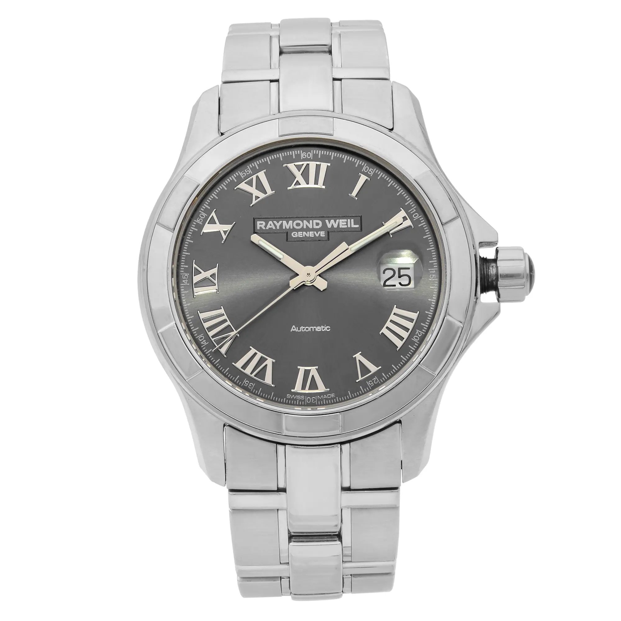 An image of a Wristwatch by RAYMOND WEIL. This Pre Owned item is designed for Men, featuring a Dress/Formal style. It has a Mechanical (Automatic) movement and an Analog display with a Grey dial color. The indices include 12-Hour Dial,Roman Numerals. The band is made of Stainless Steel and the case is made of Stainless Steel. The watch has a Round shape with a case size of 39 mm and a case thickness of 10 mm.