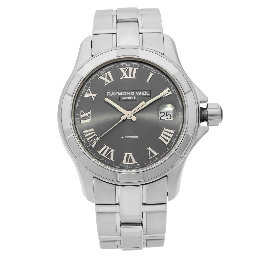 An image of a Wristwatch by RAYMOND WEIL. This Pre Owned item is designed for Men, featuring a Dress/Formal style. It has a Mechanical (Automatic) movement and an Analog display with a Grey dial color. The indices include 12-Hour Dial,Roman Numerals. The band is made of Stainless Steel and the case is made of Stainless Steel. The watch has a Round shape with a case size of 39 mm and a case thickness of 10 mm.