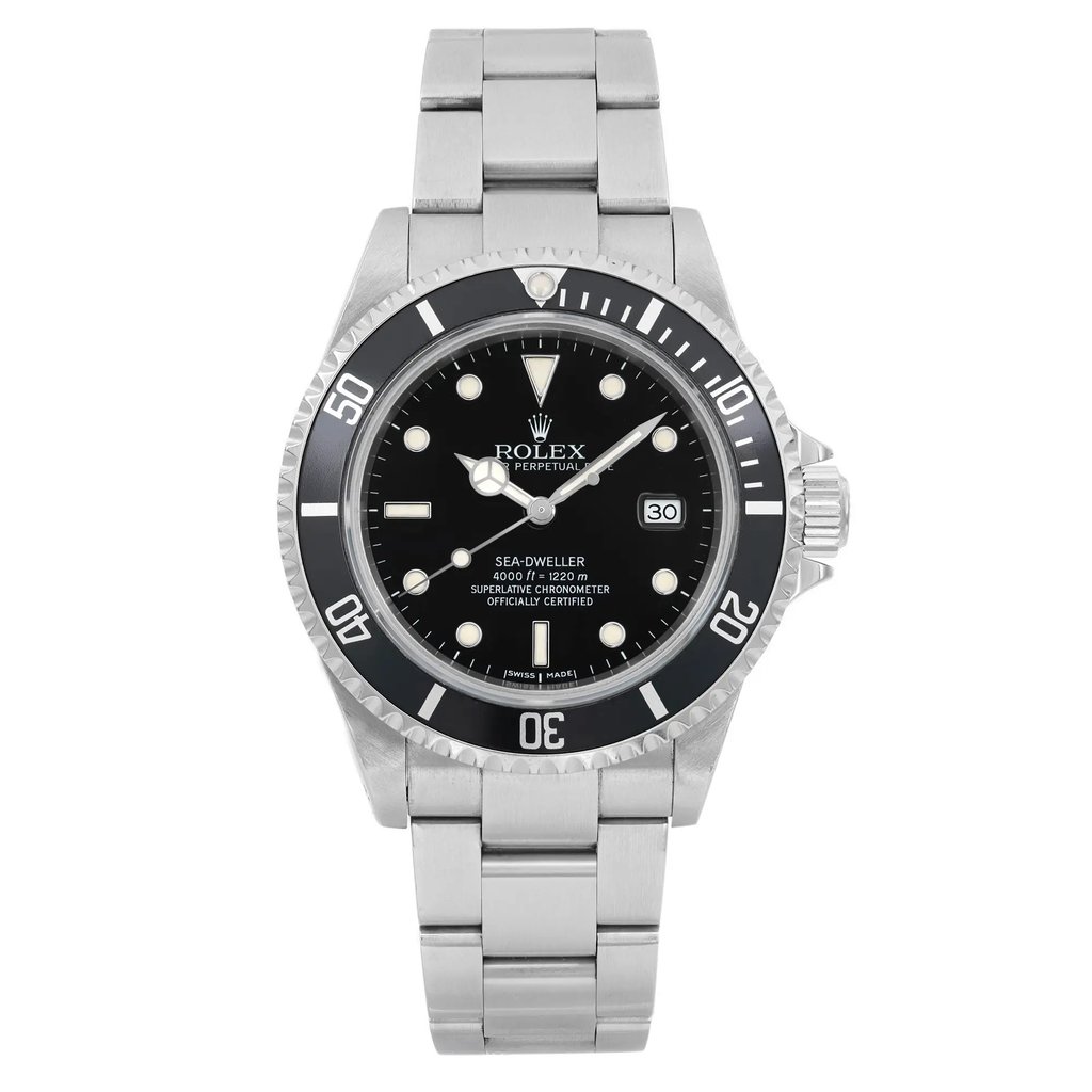 An image of a pre-owned men's Rolex wristwatch taken from a front full-frontal view. The luxury watch features a round shape with a black dial and bezel. It includes a stainless steel band and case, and is in good condition. Notable features include a date indicator and luminous hands.