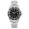 An image of a pre-owned men's Rolex wristwatch taken from a front full-frontal view. The luxury watch features a round shape with a black dial and bezel. It includes a stainless steel band and case, and is in good condition. Notable features include a date indicator and luminous hands.