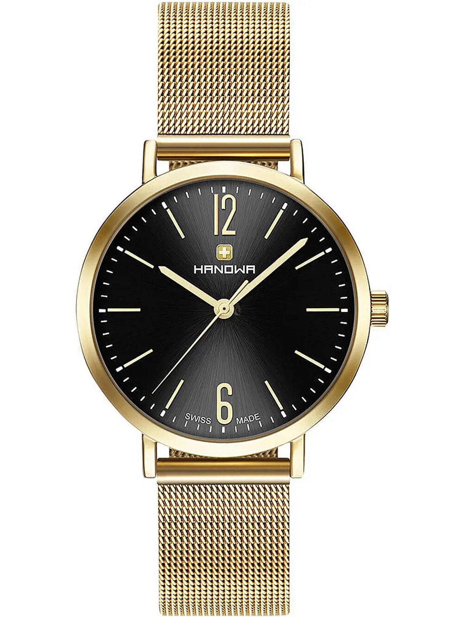 An image of a Wristwatch by Hanowa. This Display Model item is designed for Women, featuring a Dress/Formal style. It has a Quartz movement and an Analog display with a Black dial color. The indices include 12-Hour Dial,Arabic Numerals,Stick Indexes. The band is made of nan and the case is made of Stainless Steel. The watch has a Round shape with a case size of 36 mm and a case thickness of 8 mm.