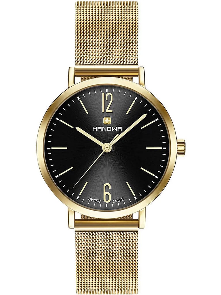 An image of a Wristwatch by Hanowa. This Display Model item is designed for Women, featuring a Dress/Formal style. It has a Quartz movement and an Analog display with a Black dial color. The indices include 12-Hour Dial,Arabic Numerals,Stick Indexes. The band is made of nan and the case is made of Stainless Steel. The watch has a Round shape with a case size of 36 mm and a case thickness of 8 mm.