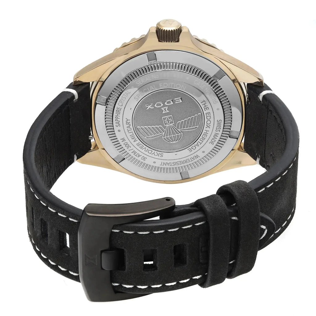 An image of a Wristwatch by Edox. This Unworn item is designed for Men, featuring a Casual style. It has a Mechanical (Automatic) movement and an Analog display with a Black Gradient dial color. The indices include 12-Hour Dial,Round Indexes. The band is made of Leather and the case is made of Bronze. The watch has a Round shape with a case size of 42 mm and a case thickness of 12 mm.