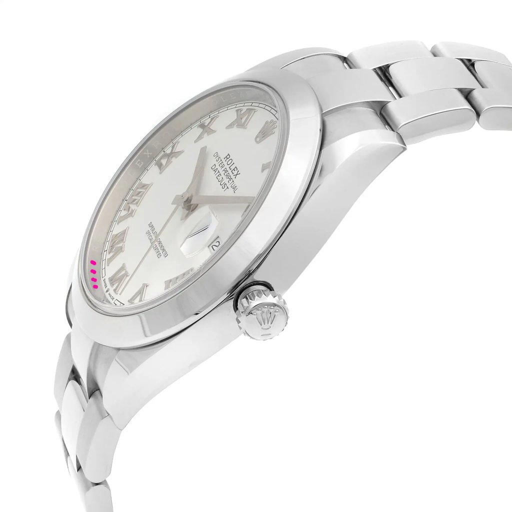 An image of a wristwatch taken from a side profile view, showcasing the crown prominently. The watch is unworn and features a sleek metal band. The angle highlights the watch's face with Roman numerals and the polished finish of the case. The distance captures the fine details of the crown and the smooth links of the bracelet.