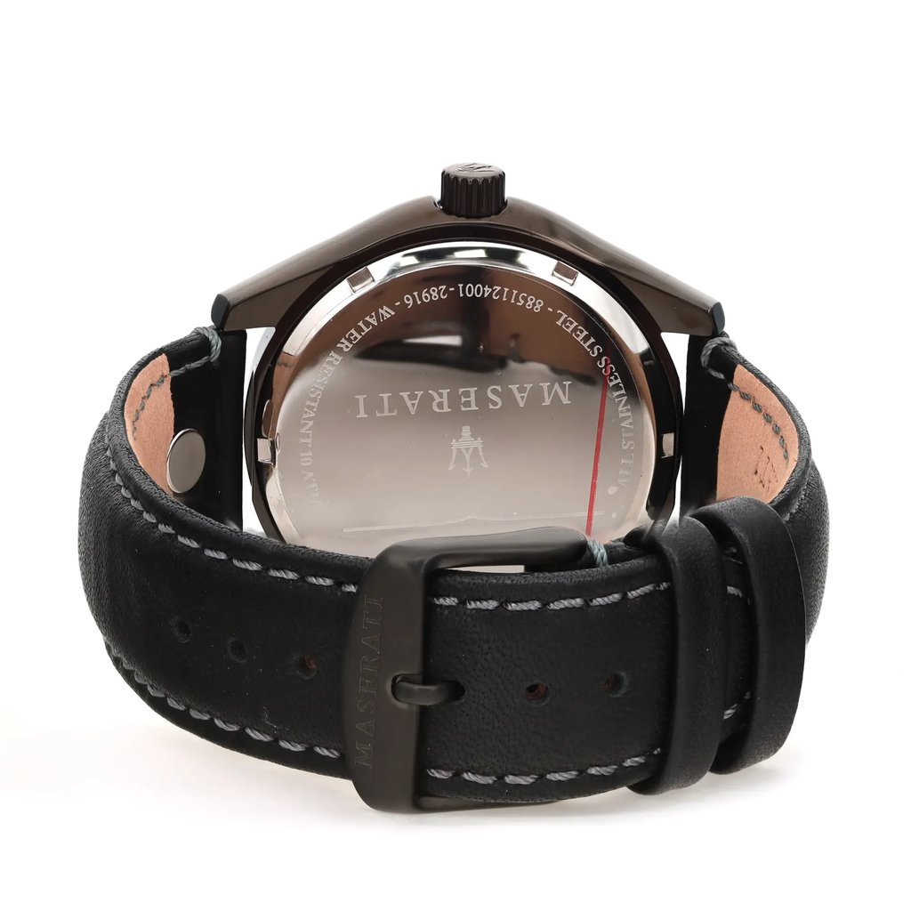 An image of a Wristwatch by Maserati. This Display Model item is designed for Men, featuring a Casual style. It has a Quartz movement and an Analog display with a Black dial color. The indices include 12-Hour Dial,Stick Indexes. The band is made of Leather and the case is made of Stainless Steel. The watch has a Round shape with a case size of 42 mm and a case thickness of 12 mm.