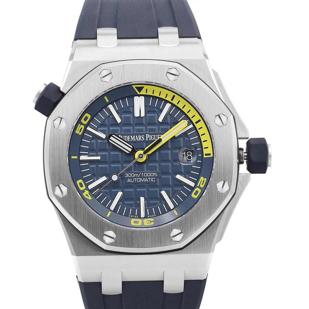 An image of a pre-owned wristwatch taken from a front close-up angle, showcasing the face of the watch. The watch features a blue textured dial with yellow accents, white hour markers, and a date window. The stainless steel octagonal bezel is secured with visible screws, and the dark blue strap is partially visible at the top and bottom edges of the image.