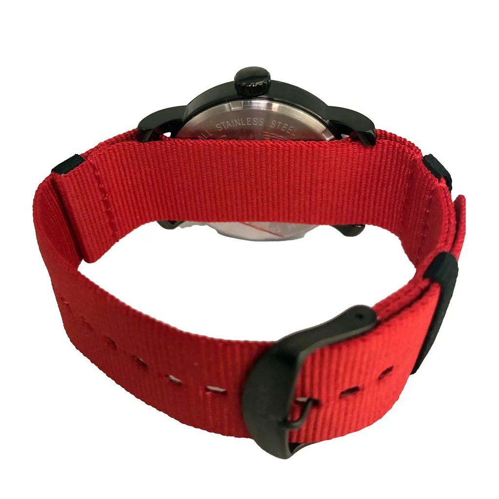 Back View Of Screwback Back Case And Closed Nylon Band Of Wenger 01.1041.132 Watch Display Model Condition