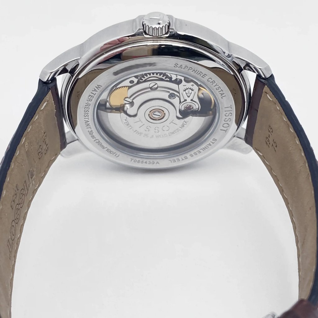Back View Of Exhibition Back Case And Closed Leather Band Of Tissot T065.430.16.031.00 Watch Pre Owned Condition