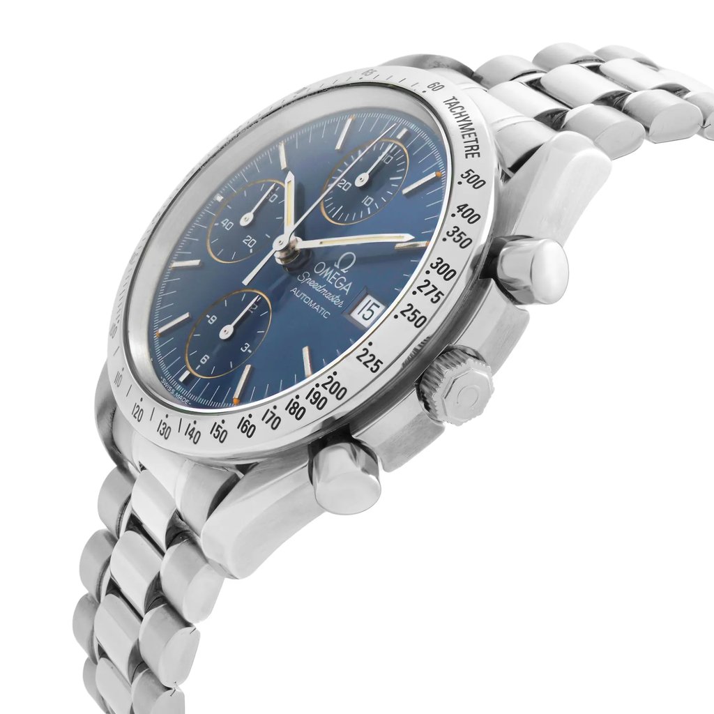 An image of a pre-owned OMEGA men's sport wristwatch viewed from a side profile angle, showcasing the crown and pushers. The watch features a round, stainless steel case with a blue dial. It includes a chronograph, date indicator, luminous hands, and a small seconds subdial. The band is made of stainless steel, complementing the overall sleek design. The photograph captures the watch from a close distance, emphasizing the details and craftsmanship. Pre-owned Omega Speedmaster Chronograph Steel Blue Dial Automatic Men's Watch 3511.80.00. The Watch Shows Minor Patina on Hour Markers, and on Hands. The Watch Bezel Shows Minor Dents Between 225-200 Number. No Original Box and Papers are Included. Comes with Chronostore Presentation Box and Authenticity Card. Covered by 1-year Chronostore Warranty. Worldwide Shipment with a 30-day Hassle-Free Return Available.

