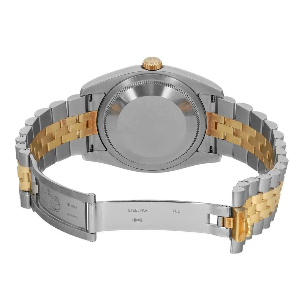 An image of a pre-owned men's Rolex wristwatch showcasing the back view with an open clasp. The watch has a round, solid stainless steel case, and a two-tone metal bracelet featuring both stainless steel and gold links. The image is taken from a straight-on angle at a close distance, highlighting the solid caseback and intricate bracelet design. The overall condition is classified as good.