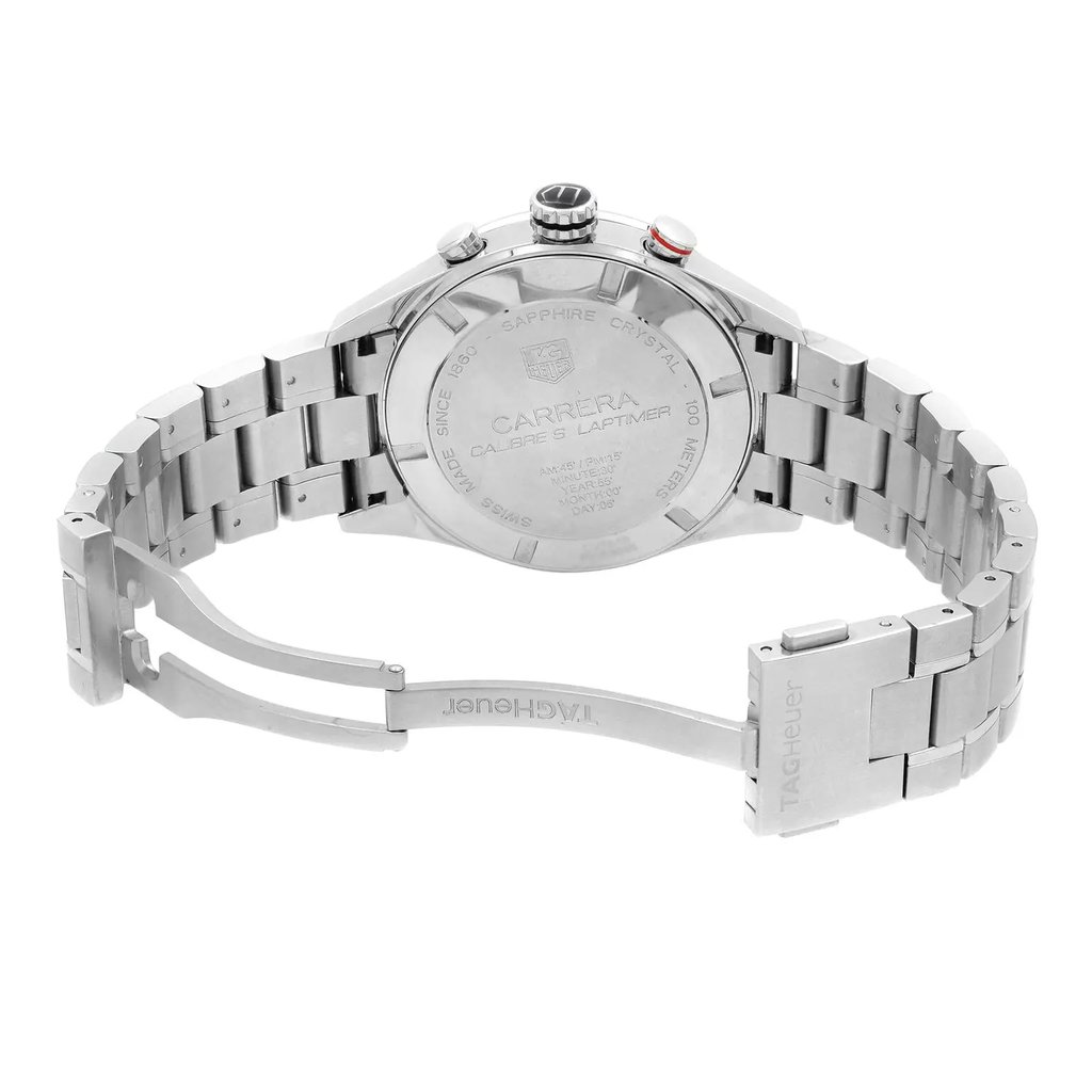 Back View Of {Caseback} Back Case And Open Stainless Steel Band Of TAG Heuer CV7A10.BA0795 Watch Pre Owned Condition