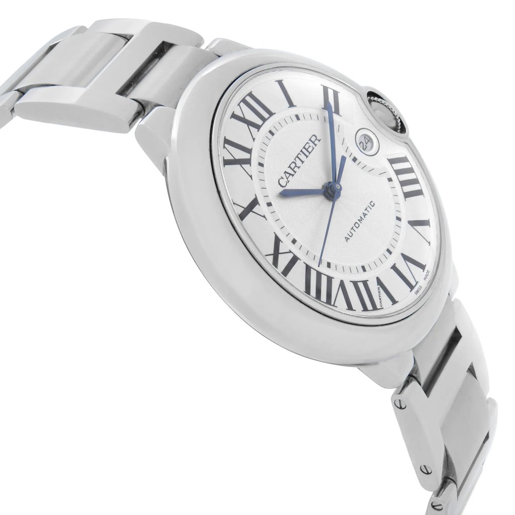 An image of a pre-owned wristwatch viewed from a side profile angle, opposite of the crown. The watch is positioned at a slight upward angle, showcasing its silver-tone metal bracelet and round white dial with Roman numerals. The distance is close, highlighting the details of the watch face and bracelet links.