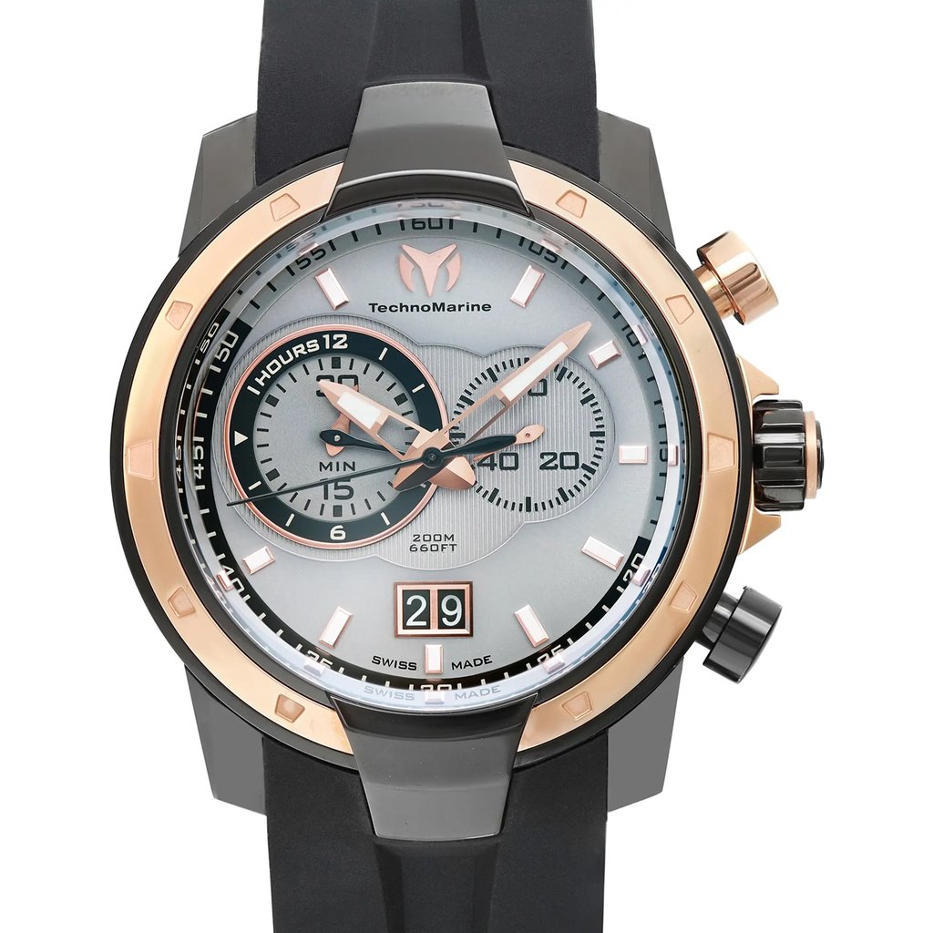 Up Close Front Facing Picture Of TechnoMarine 612004 Stainless Steel Watch Pre Owned Condition