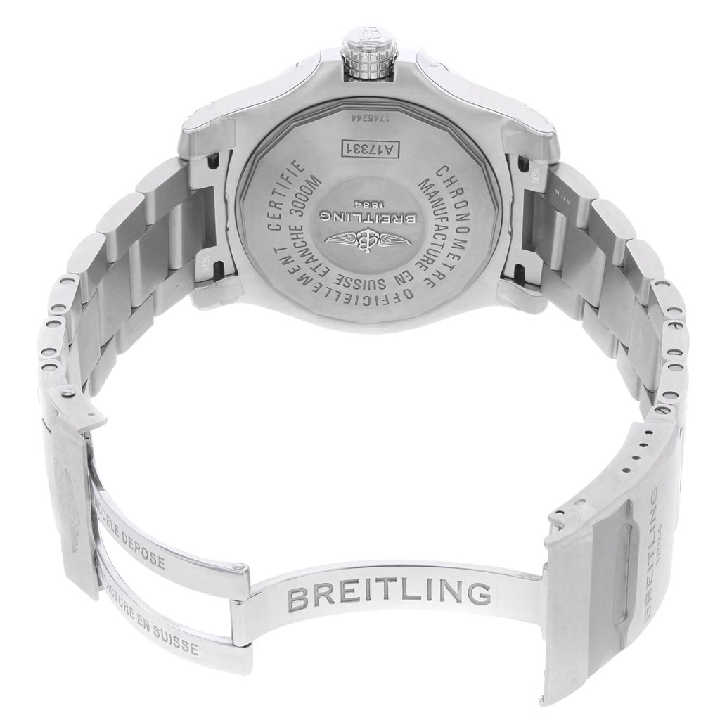 Back View Of {Caseback} Back Case And Open Stainless Steel Band Of Breitling A1733110/BC30-169A Watch Display Model Condition