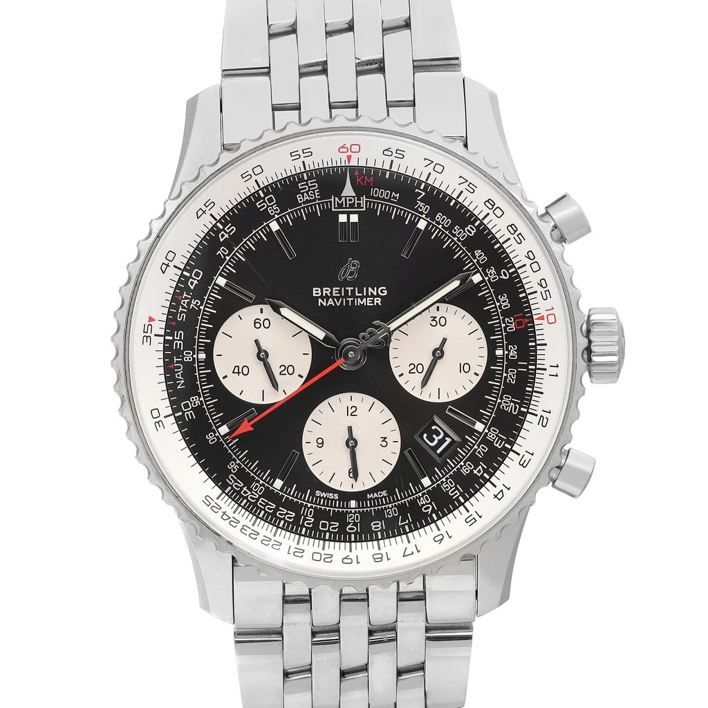 An image of a pre-owned Breitling men's wristwatch in excellent condition, featuring a pilot/aviator style. The watch is captured in a front close-up shot, showcasing the round black dial with white sub-dials, non-numeric hour marks, and stick indexes. The steel bezel encircles the face, and the stainless steel band is partially visible, extending towards the bottom of the frame. The watch hands are positioned to indicate 10:10, with the red second hand pointing at 35 seconds. The watch is pre-owned and has light scratches.