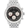 An image of a pre-owned Breitling men's wristwatch in excellent condition, featuring a pilot/aviator style. The watch is captured in a front close-up shot, showcasing the round black dial with white sub-dials, non-numeric hour marks, and stick indexes. The steel bezel encircles the face, and the stainless steel band is partially visible, extending towards the bottom of the frame. The watch hands are positioned to indicate 10:10, with the red second hand pointing at 35 seconds. The watch is pre-owned and has light scratches.