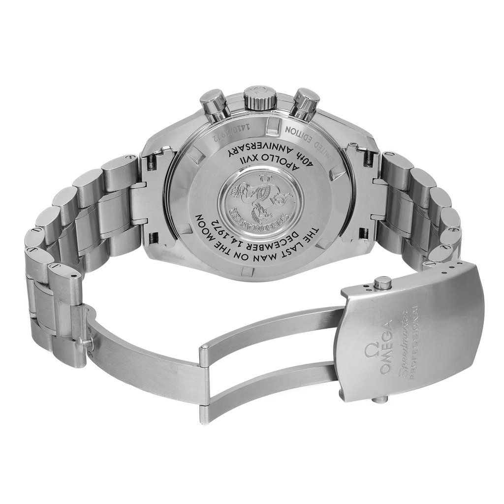 An image of a pre-owned wristwatch shown from the back view, featuring an open clasp. The angle captures the intricate design of the watch's back casing, showcasing engraved details. The watch's stainless steel bracelet is partially extended, highlighting its links and clasp mechanism. The image is taken at a close distance to emphasize the craftsmanship and inscriptions on the watch.