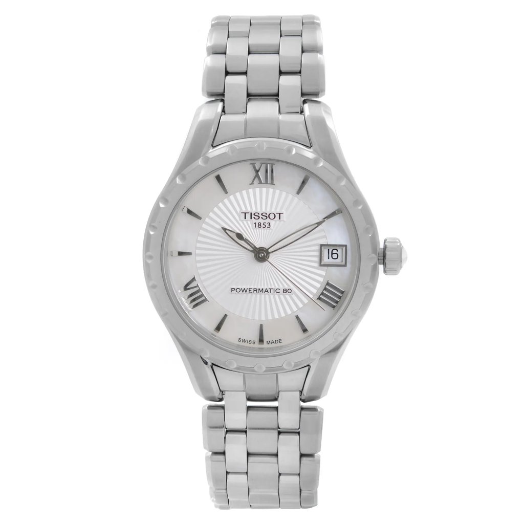 An image of a Wristwatch by Tissot. This Display Model item is designed for Women, featuring a Dress/Formal style. It has a Mechanical (Automatic) movement and an Analog display with a White dial color. The indices include 12-Hour Dial,Roman Numerals,Stick Indexes. The band is made of Stainless Steel and the case is made of Stainless Steel. The watch has a Round shape with a case size of 34 mm and a case thickness of 9.5 mm.