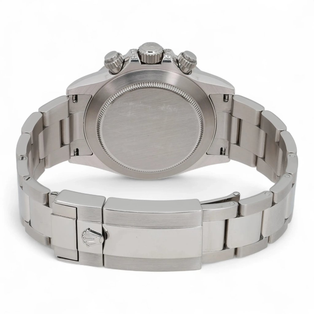 An image of a pre-owned men's Rolex wristwatch taken from a rear angle, showcasing the stainless steel back and bracelet. The watch is positioned upright and centered, with the clasp visible in the foreground. The crown and chronograph pushers are visible on the top side of the watch case. The image is taken at a close distance, highlighting the watch's polished metal finish.
