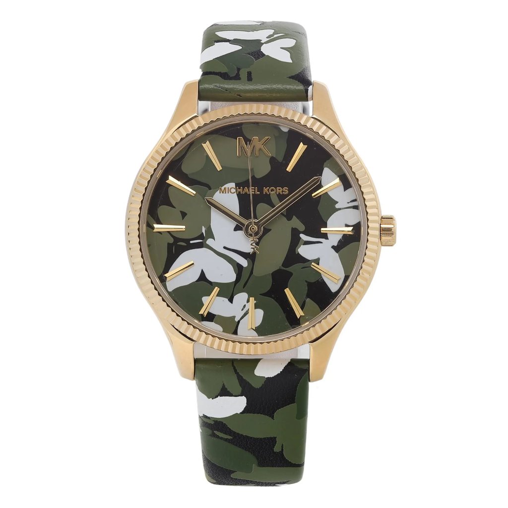 An image of a Wristwatch by Michael Kors. This New With Defects item is designed for Women, featuring a Casual style. It has a Quartz movement and an Analog display with a Multicolor dial color. The indices include 12-Hour Dial,Non-Numeric Hour Marks,Stick Indexes. The band is made of Leather and the case is made of Stainless Steel. The watch has a Round shape with a case size of 36 mm and a case thickness of 8 mm.