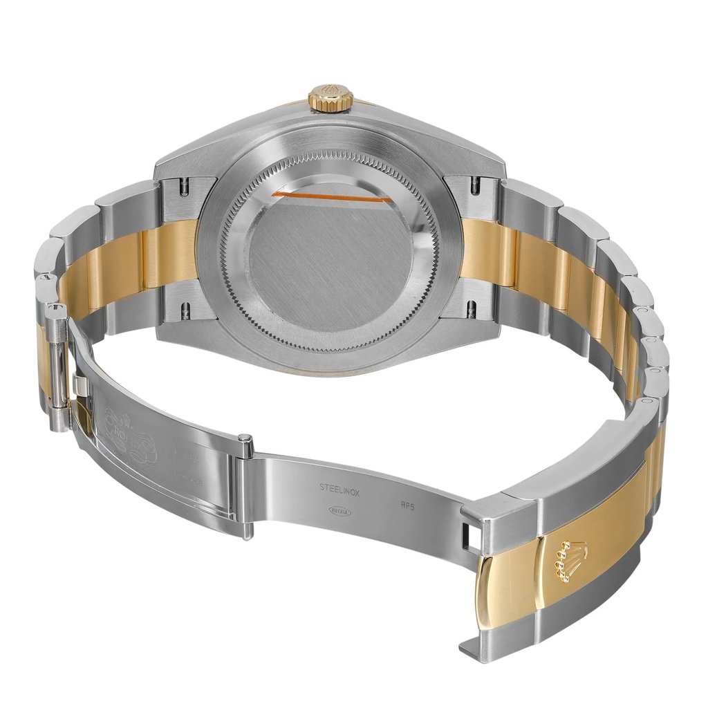An image of an unworn Rolex wristwatch for men, viewed from the back with the clasp open. The watch features a round stainless steel case with a screwback, and a stainless steel and yellow gold band. The fold-over clasp is visible and open, positioned in the foreground at a slight angle. The distance is close-up, providing a clear view of the watch's construction and materials. Visible features include the brand engraving on the inner side of the band.