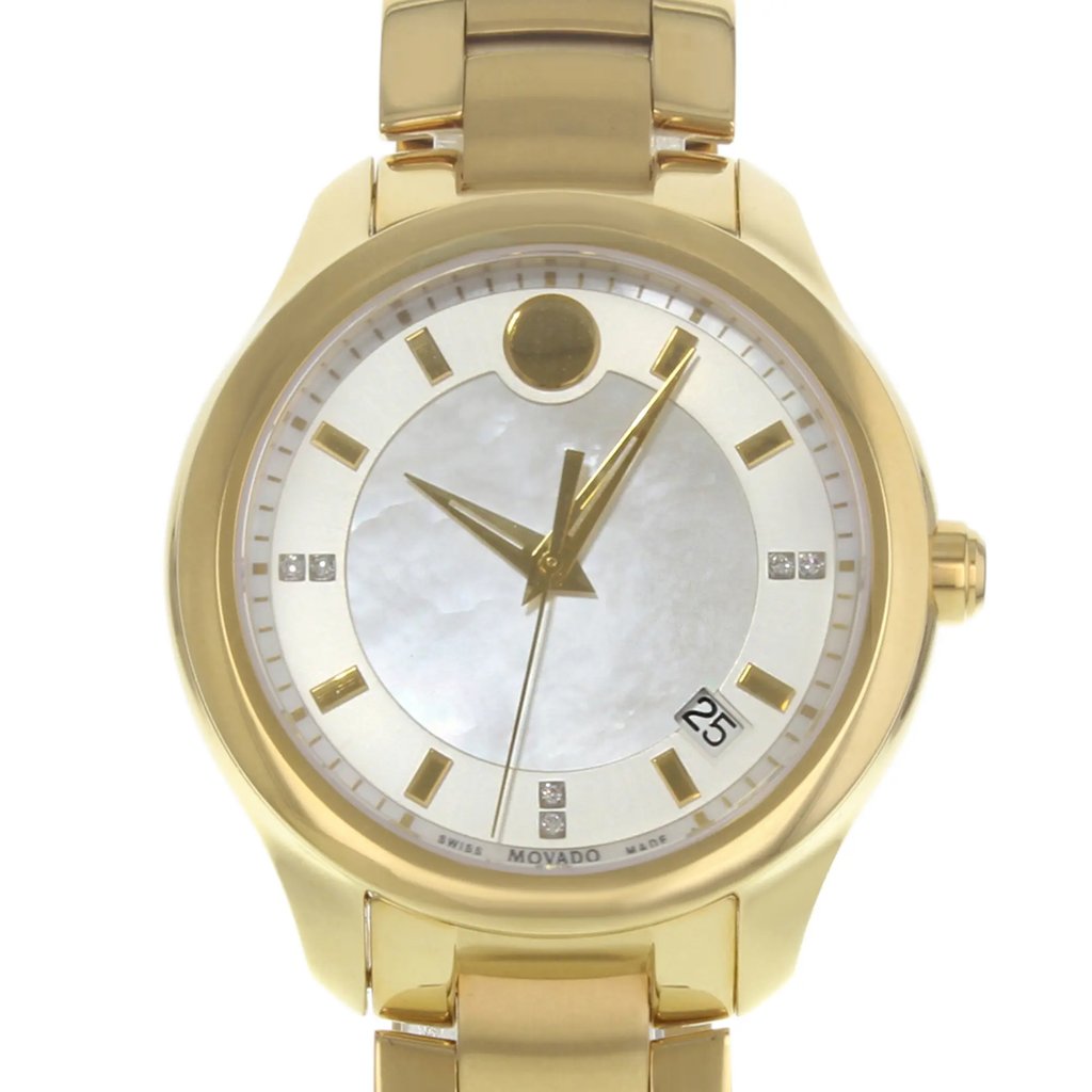 An image of a pre-owned wristwatch with a close-up front view of the watch face. The watch has a gold-toned case and bracelet, featuring a sleek design with a minimalist dial. The face includes gold hour markers, a date window at the 4 o'clock position, and a single gold dot at the 12 o'clock position. The image captures the watch from a straight-on angle, highlighting its elegant design and details.