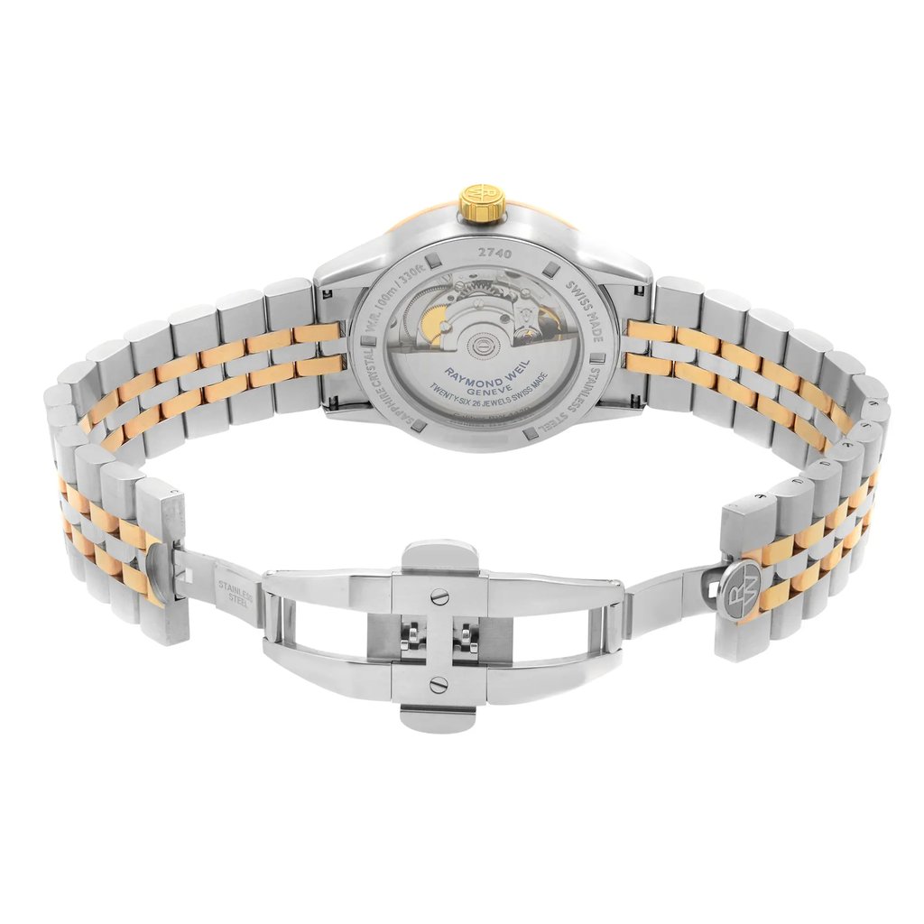 An image of a Wristwatch by RAYMOND WEIL. This Pre Owned item is designed for Men, featuring a Casual,Classic,Dress/Formal,Luxury style. It has a Mechanical (Automatic) movement and an Analog display with a Black dial color. The indices include 12-Hour Dial,Non-Numeric Hour Marks,Stick Indexes. The band is made of Stainless Steel and the case is made of Stainless Steel. The watch has a Round shape with a case size of 42 mm and a case thickness of 11 mm.