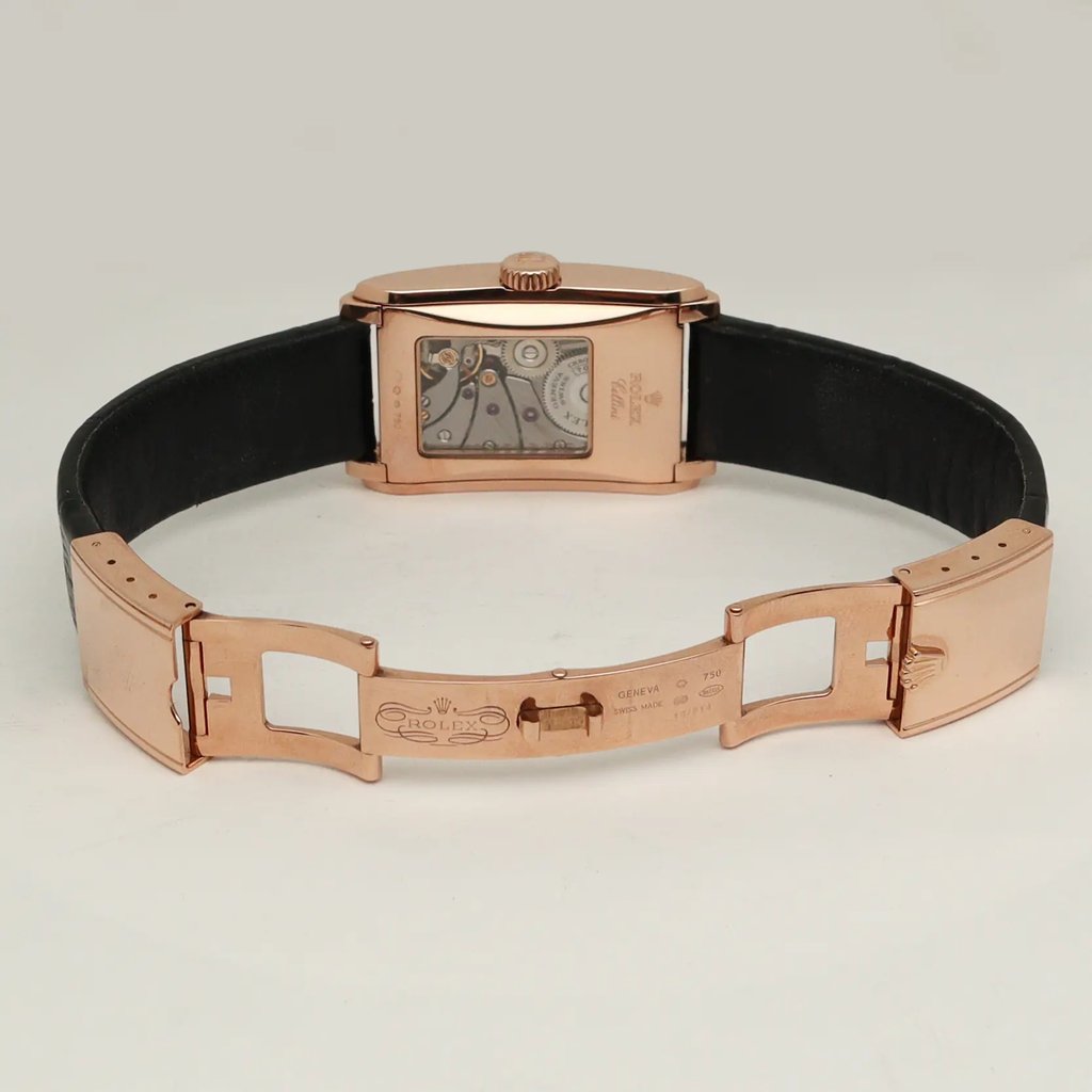 Back View Of Exhibition Back Case And Open Leather Band Of Rolex 5442/5 Watch Pre Owned Condition